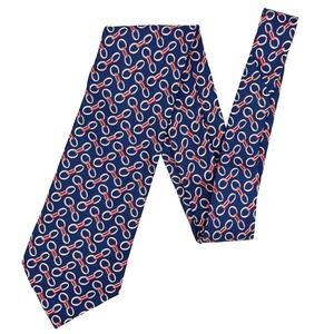 LONGCHAMP Necktie Mens Blue Red Chainlink Geometric Silk Italy Luxury Tie